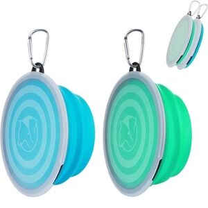 SLSON Dog Bowls Pet Collapsible Bowl with Cover Lids 2 Pack Light Blue and Green
